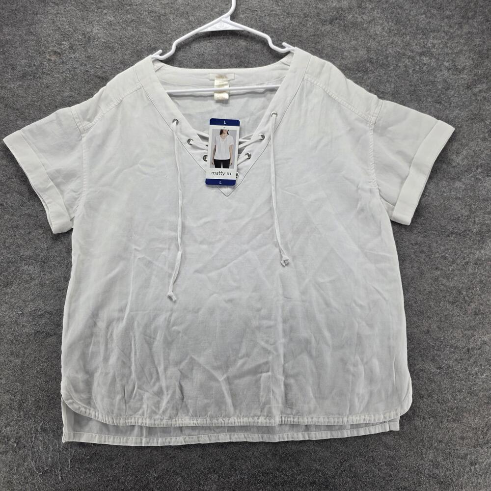 Matty M Blouse Womens L White Lace-Up V-Neck Short Sleeve Twill Relaxed Fit